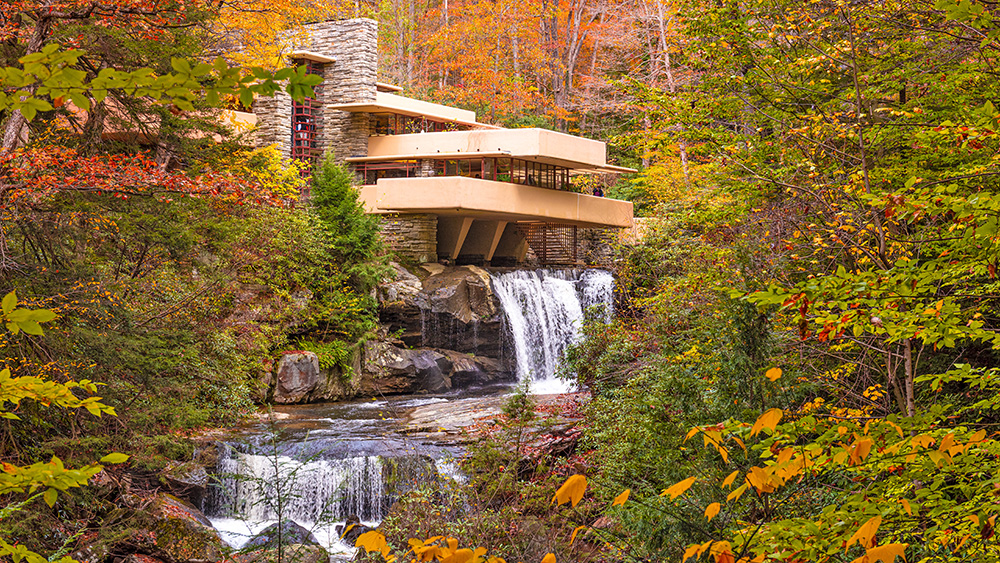 Falling water over Bear Run waterfall Frank Lyold Wright historic design
